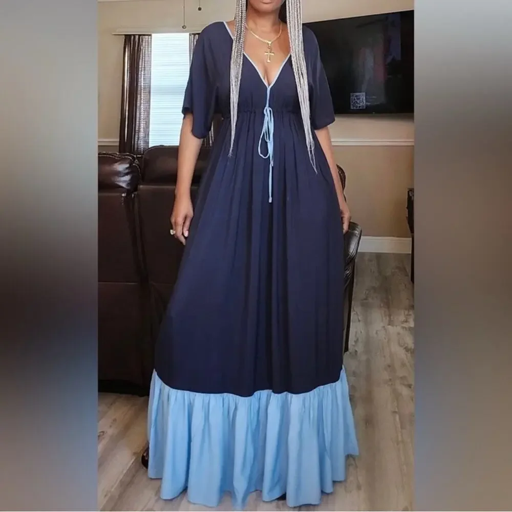 NEW KATE SPADE BLUE & NAVY MAXI TIERED DRESS SZ M